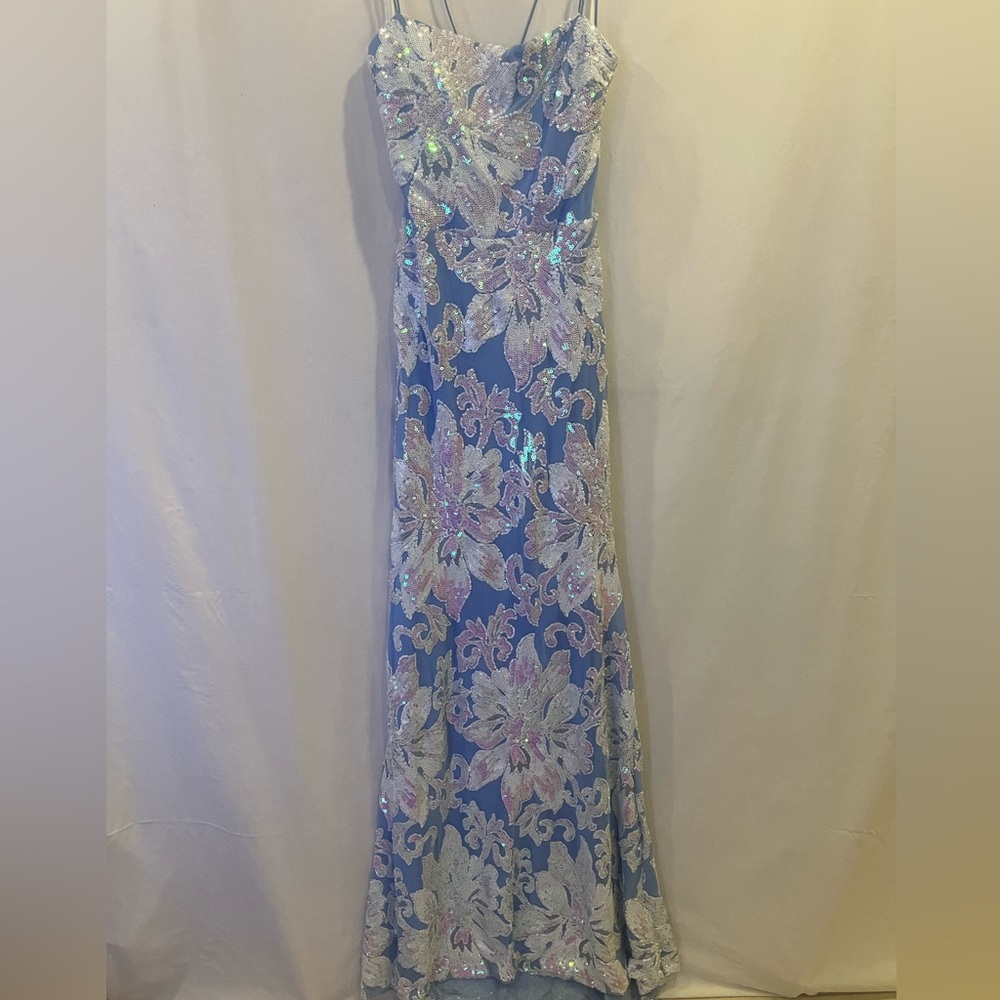 B Darlin Blue and Silver Floral Maxi Dress